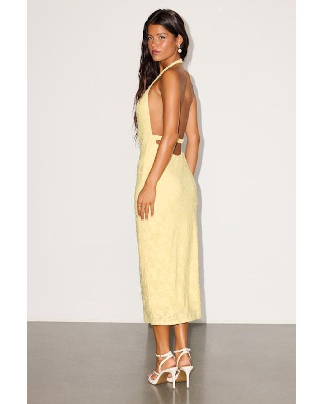Lulus Natural Sharona Floral Jacquard Backless Midi Dress