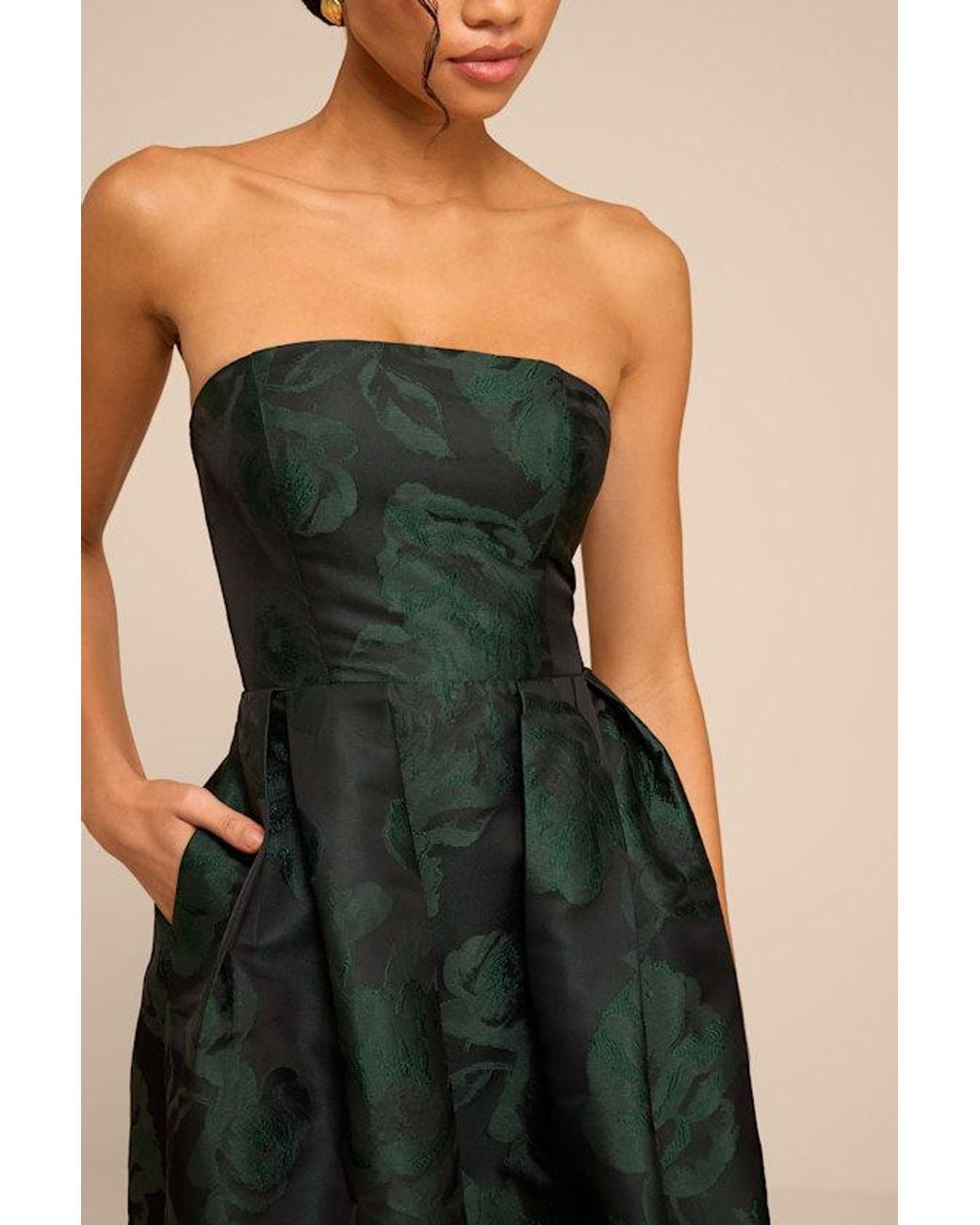 Lulus Green Laurelin Emerald Floral Jacquard Pleated Strapless Maxi Dress
