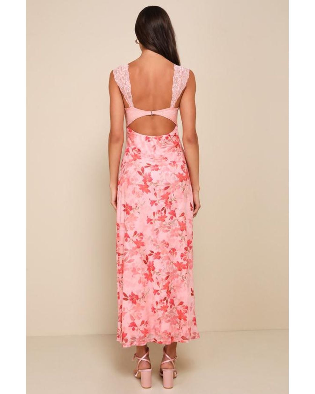 Lulus Pink Endlessly Cute Floral Mesh Cutout Lace Bustier Maxi Dress