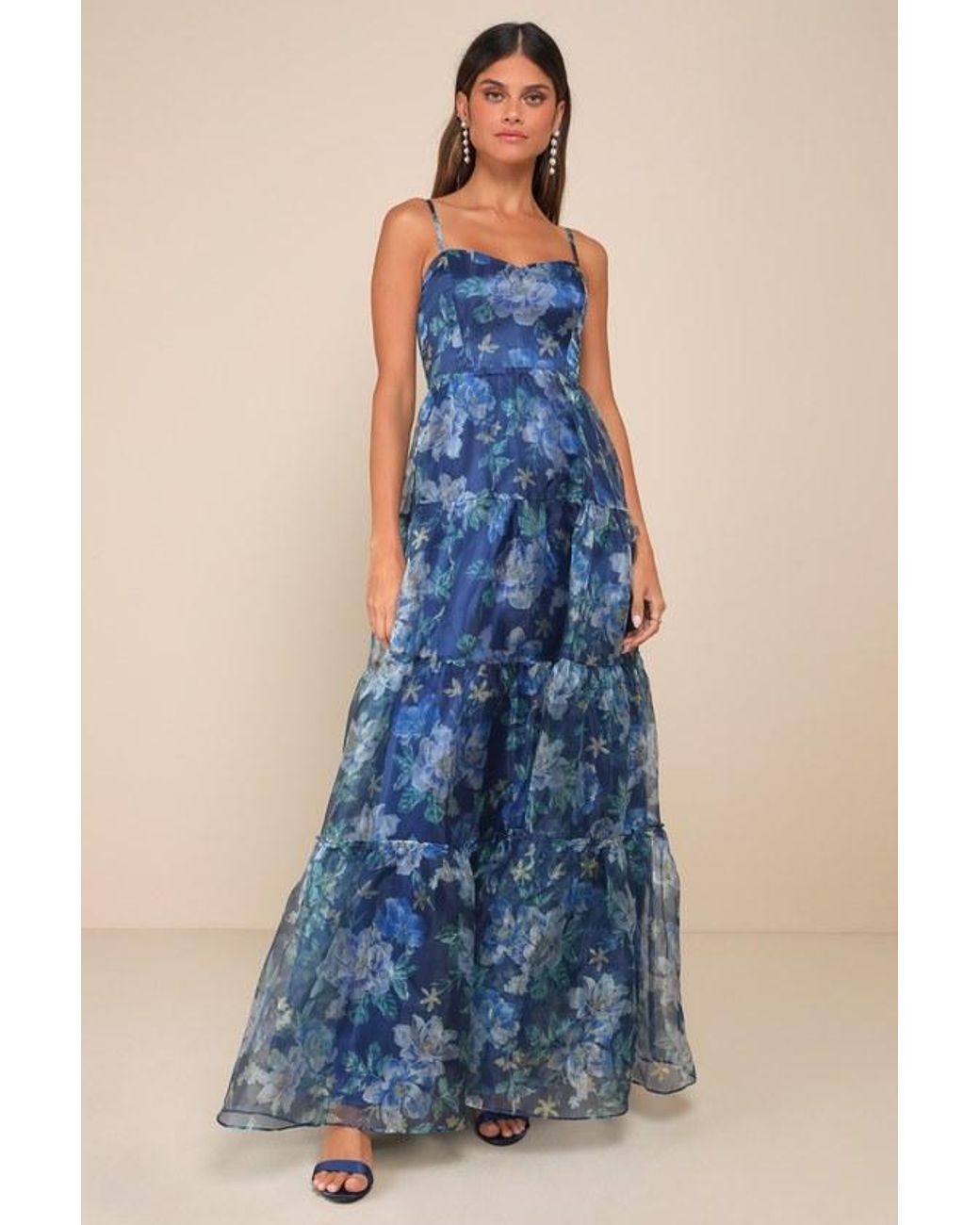Lulus Blue Exclusive Glamour Floral Organza Tiered Maxi Dress