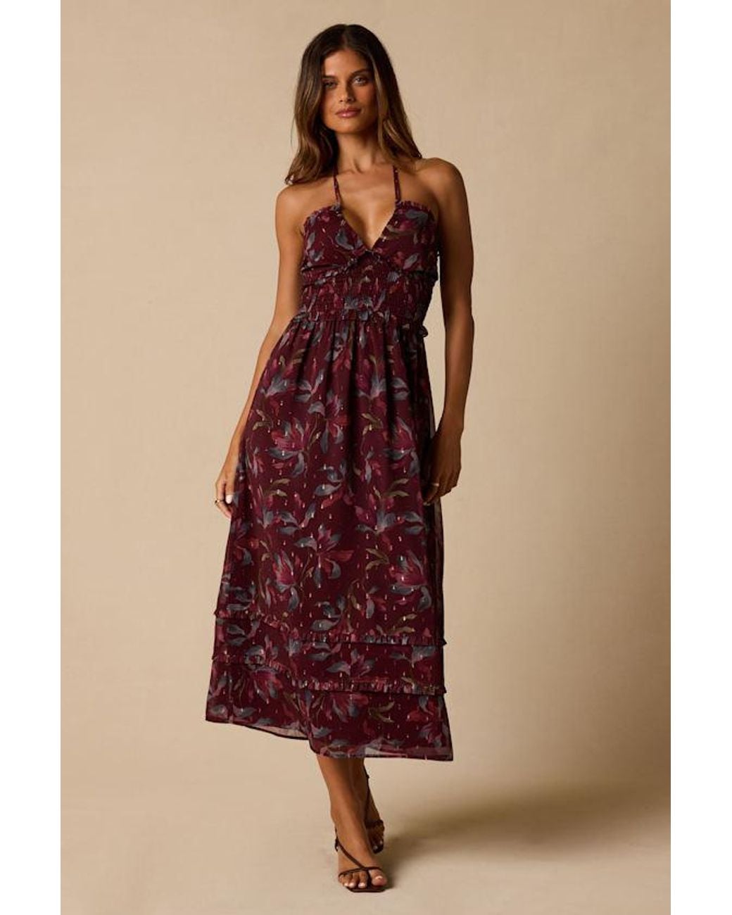Lulus Red Helene Floral Print Midi Dress