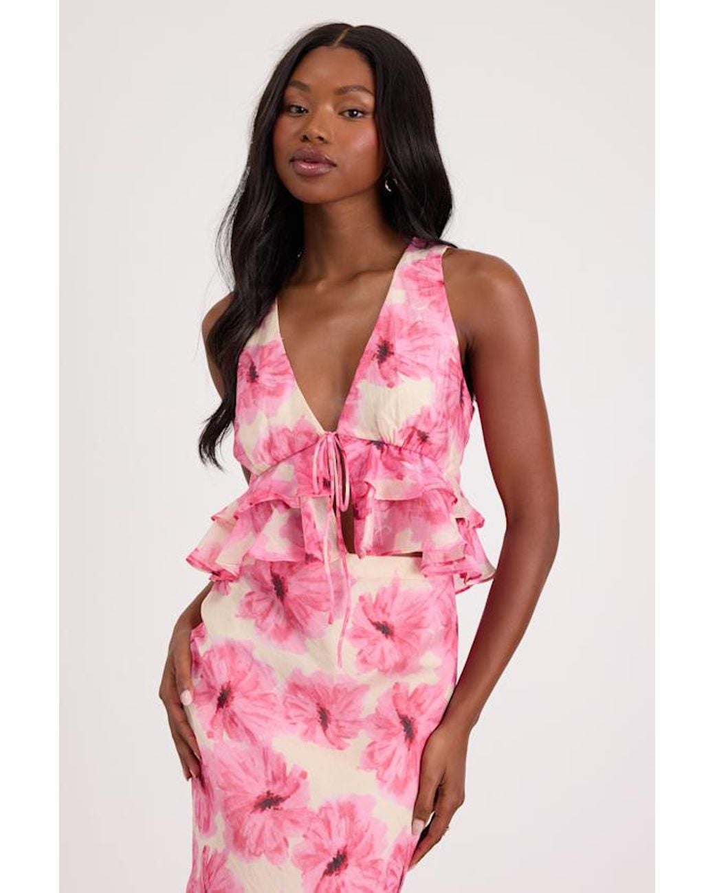 Lulus Pink Lilith Cream And Floral Ruffled Tank Top
