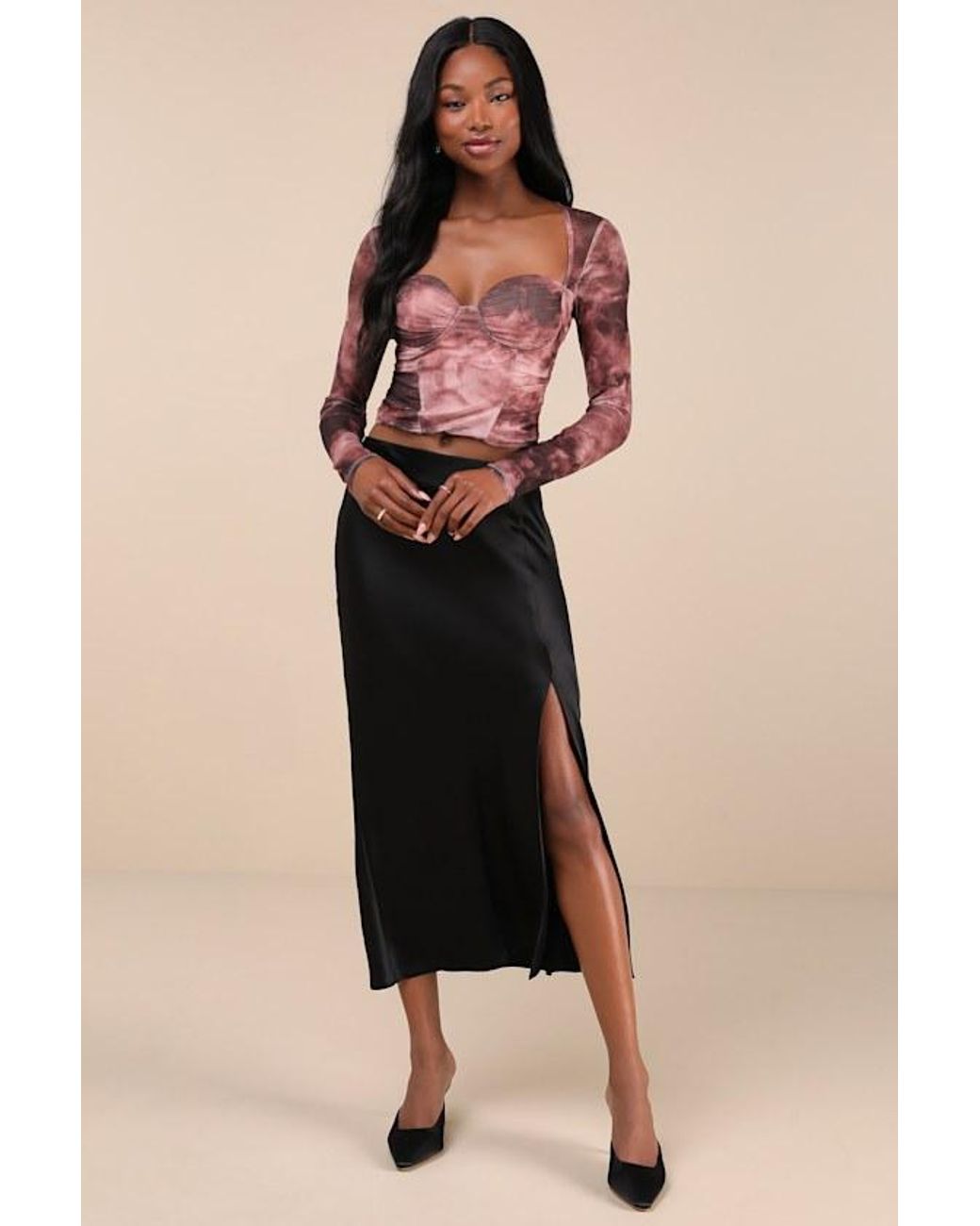 Lulus Purple Coy Cutie Abstract Print Mesh Bustier Long Sleeve Crop Top