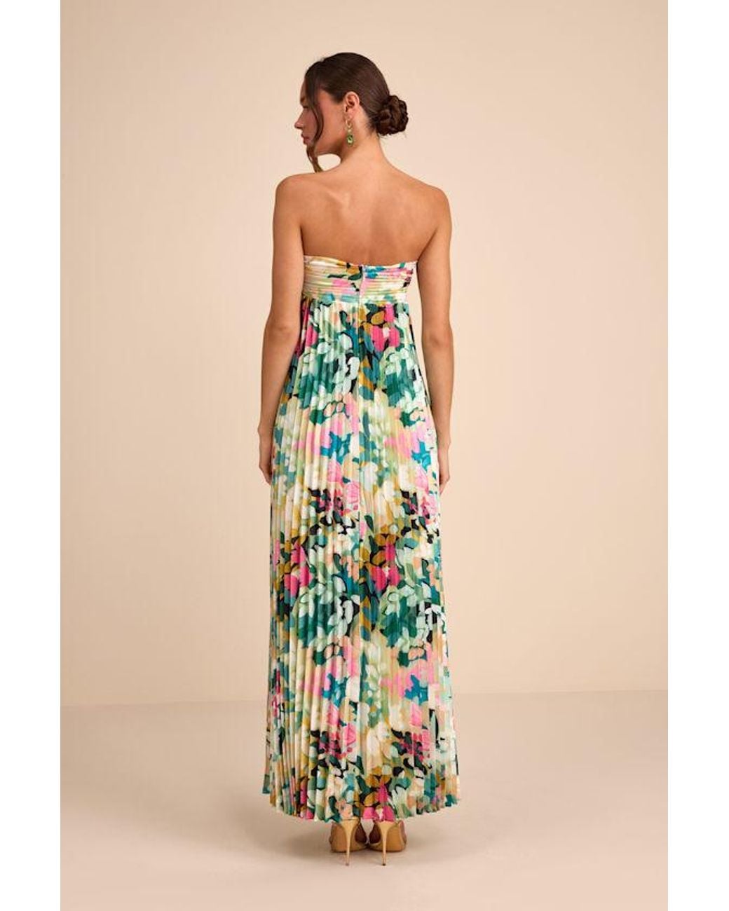 Lulus Blue Whimsical Beauty Multi Floral Satin Plisse Strapless Maxi Dress