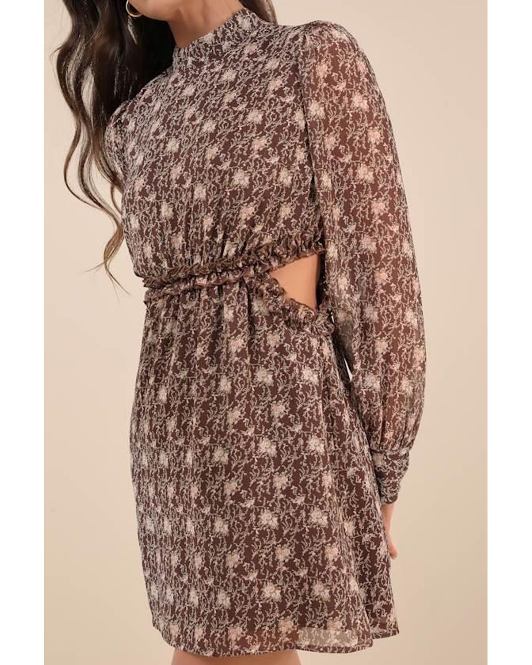 Lulus Brown Autumn Bliss Floral Print Long Sleeve Cutout Mini Dress