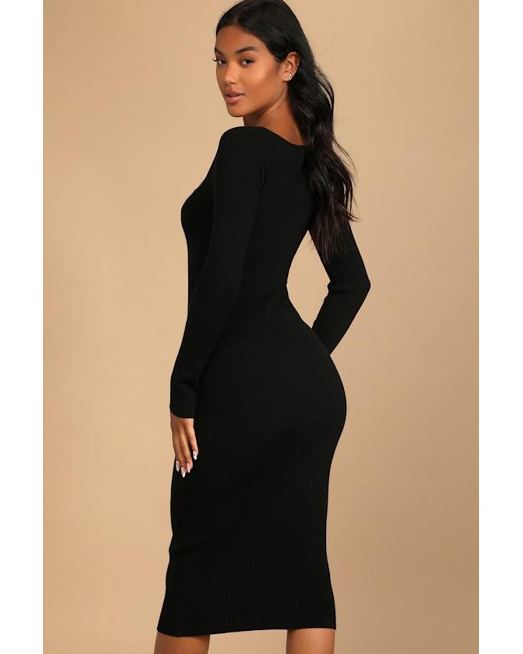Lulus Black Fall Feelings Ribbed Bodycon Midi Dress
