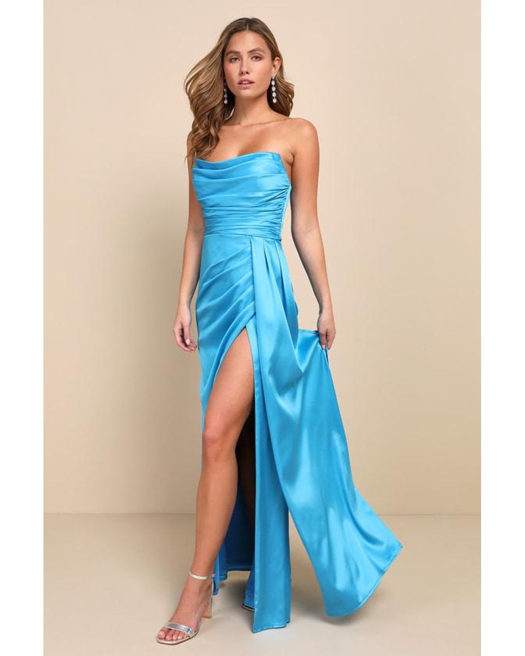 Lulus Ethereal Excellence Satin Pleated Strapless Maxi Dress in Blue | Lyst