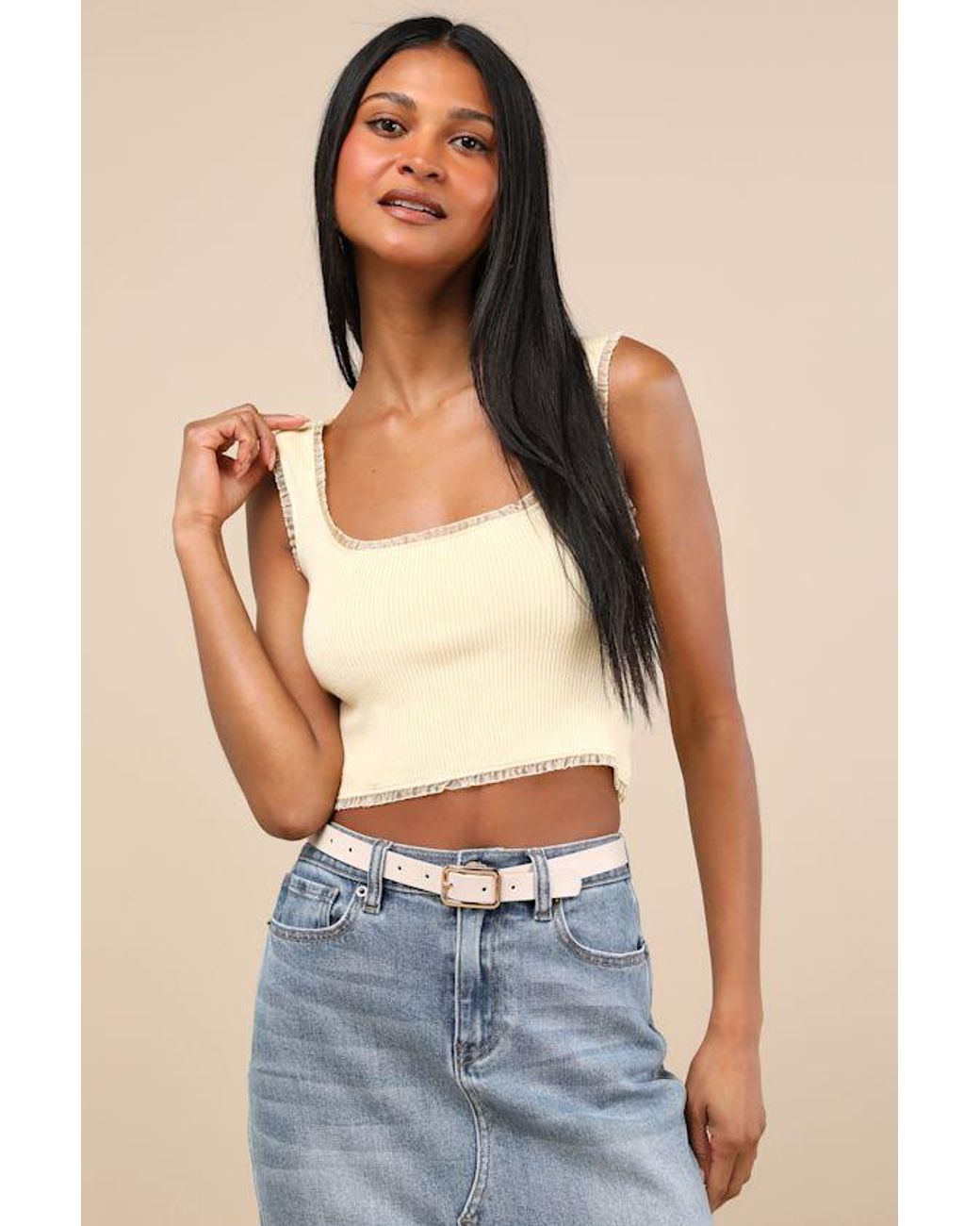 Lulus Blue Josepha Ribbed Knit Ruffled Crop Tank Top