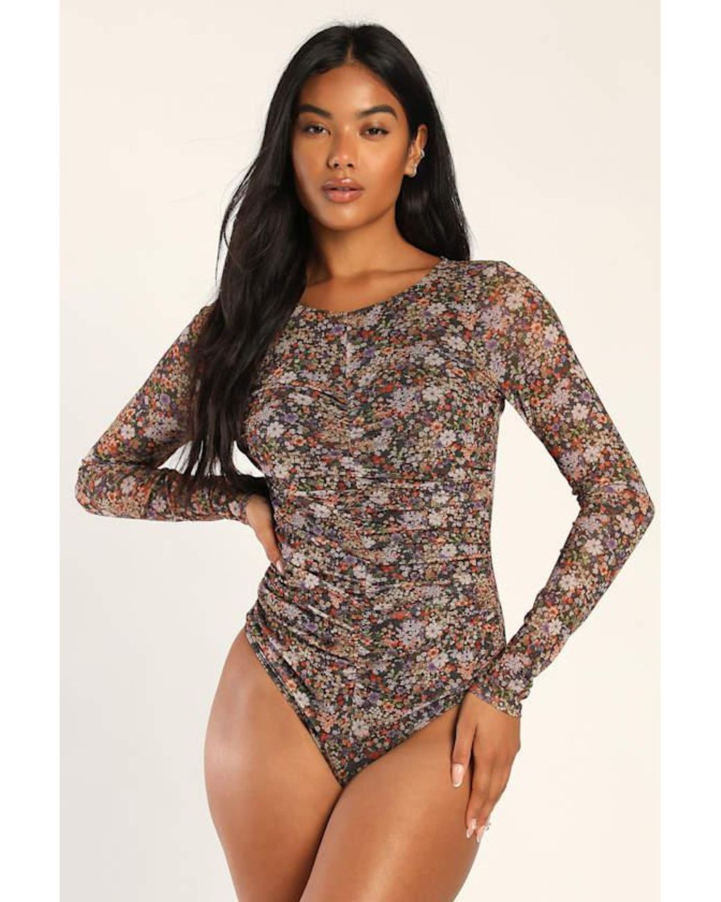 Lulus Black Everyday Luck Floral Print Ruched Long Sleeve Bodysuit