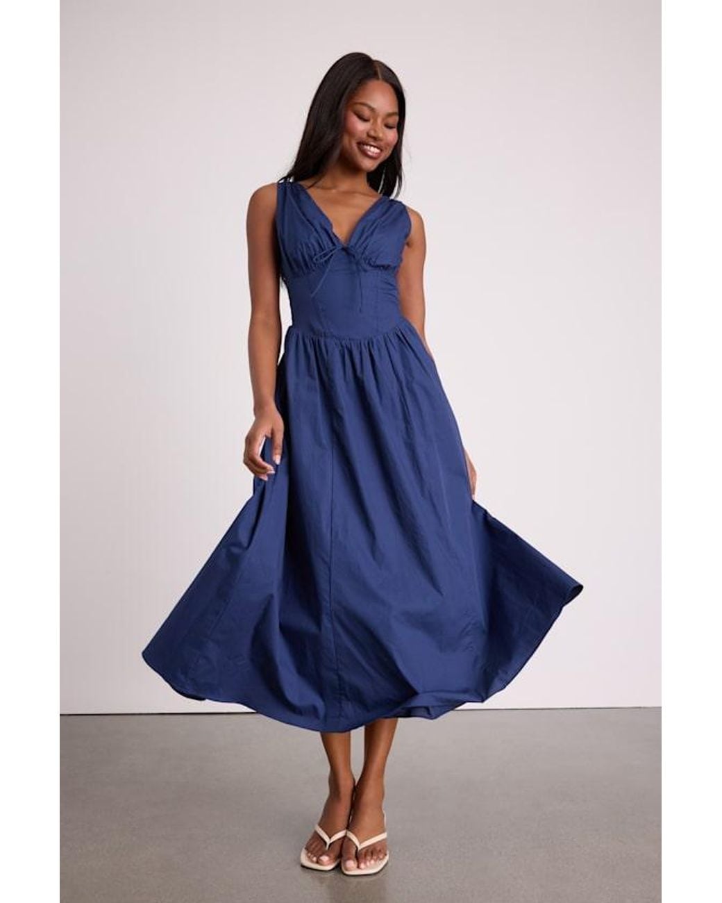 Lulus Blue Lettie Poplin Plunge Neck Midi Dress
