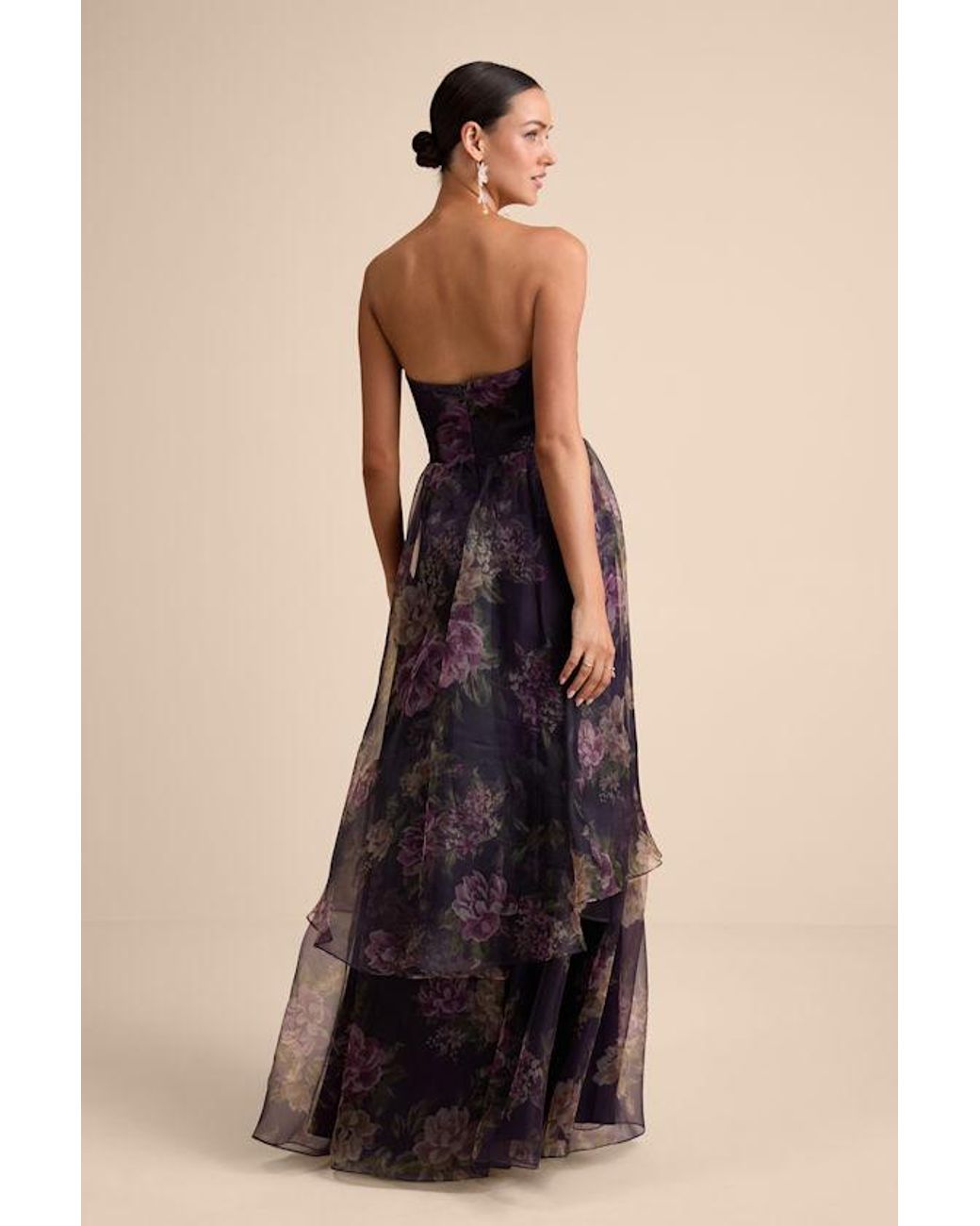 Lulus Black Truly Extraordinary Floral Organza Strapless Maxi Dress