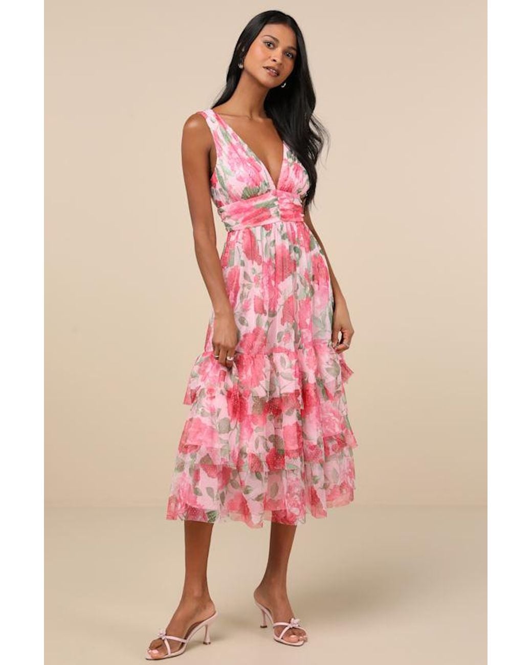 Lulus Pink Perfectly Divine Floral Tulle Tiered Ruffled Midi Dress