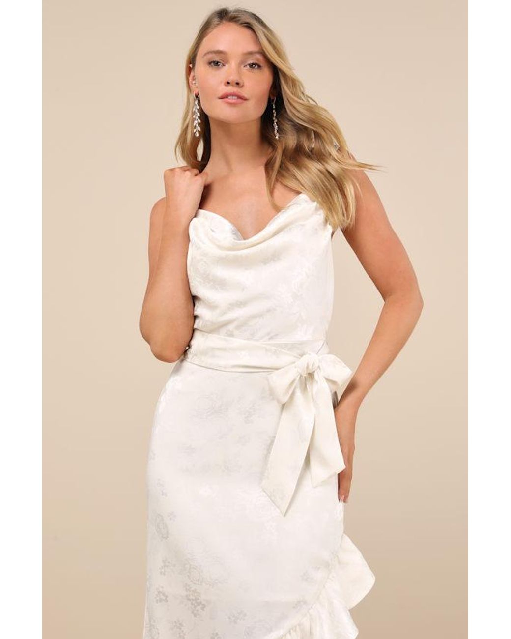 Lulus Natural Modern Passion Floral Satin Jacquard Ruffled Midi Dress