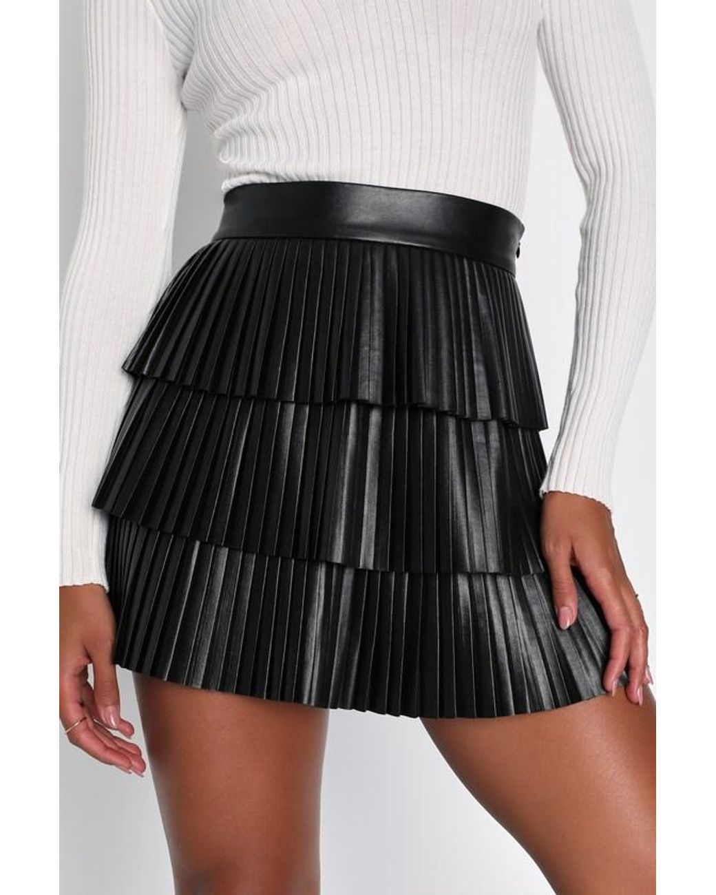 Lulus White Bold Charm Vegan Leather Pleated Tiered Mini Skirt