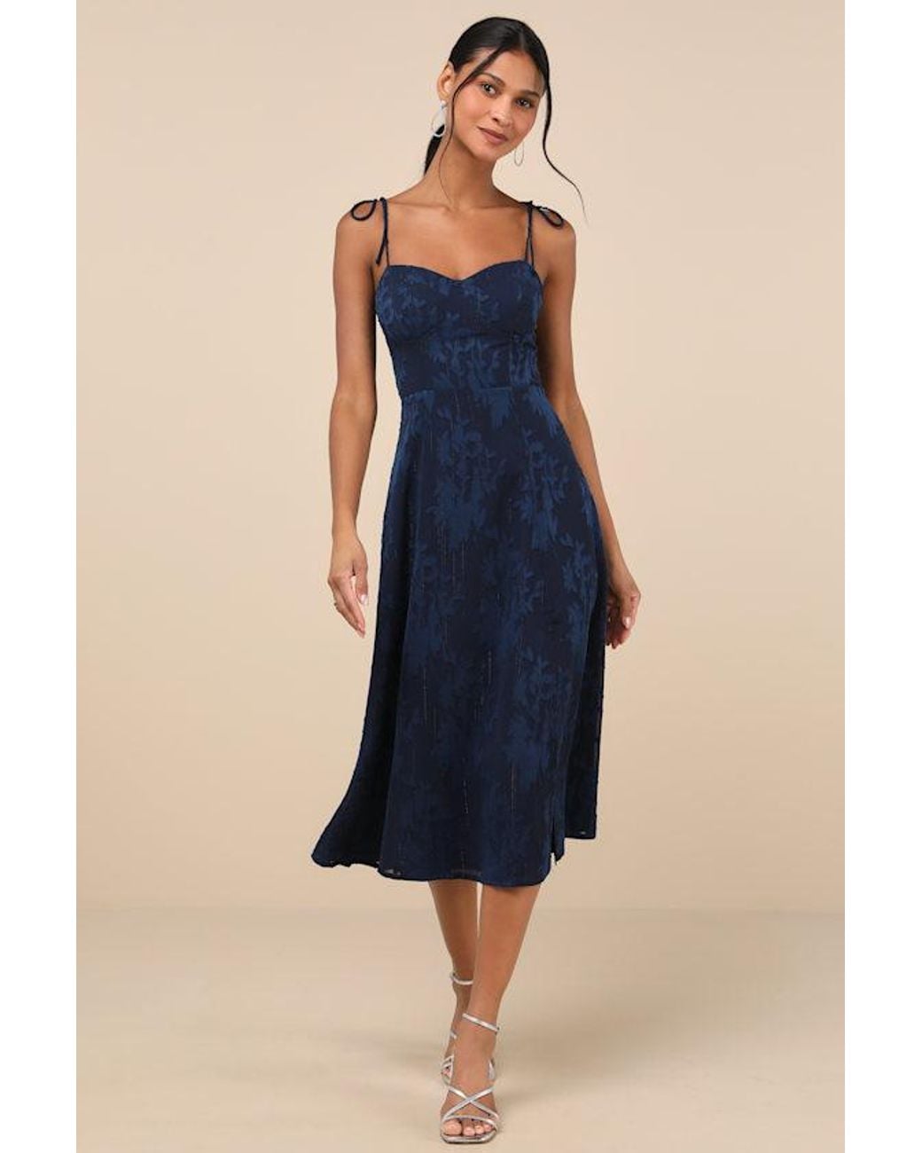 Lulus Blue Loveliest Looks Floral Jacquard Tie-Strap Midi Dress