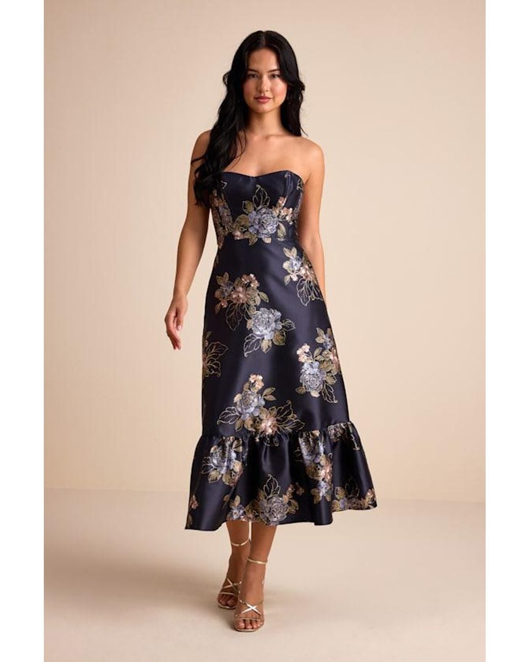 knee length dresses for ladies BCBG MaxAzria Black Strapless Tiered Tulle Midi Dress – SilkRoll main image 1