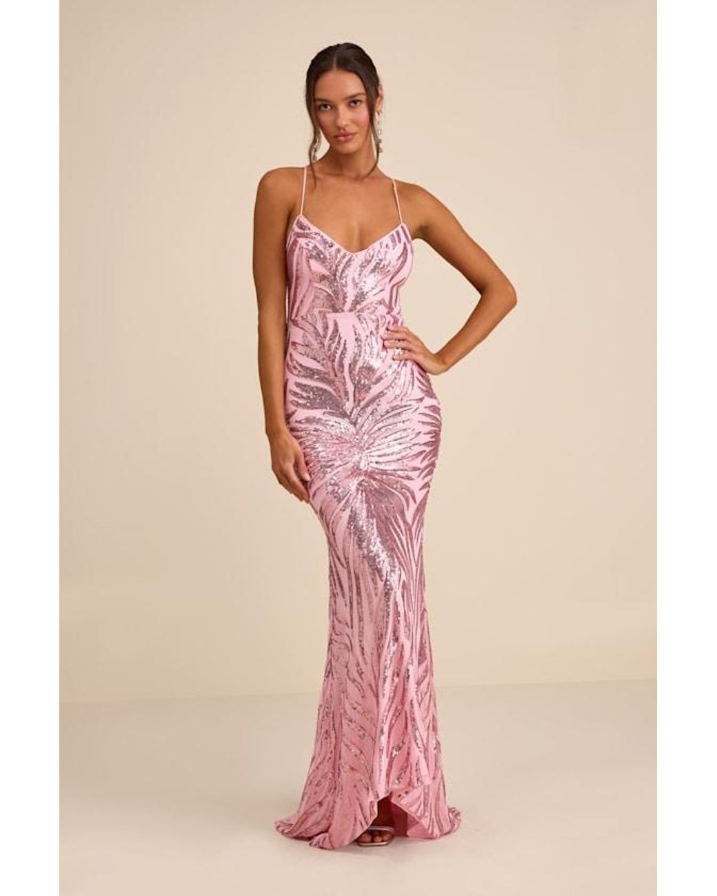 Lulus Pink Sparkle 'Til Dawn Sequin Lace-Up Mermaid Maxi Dress