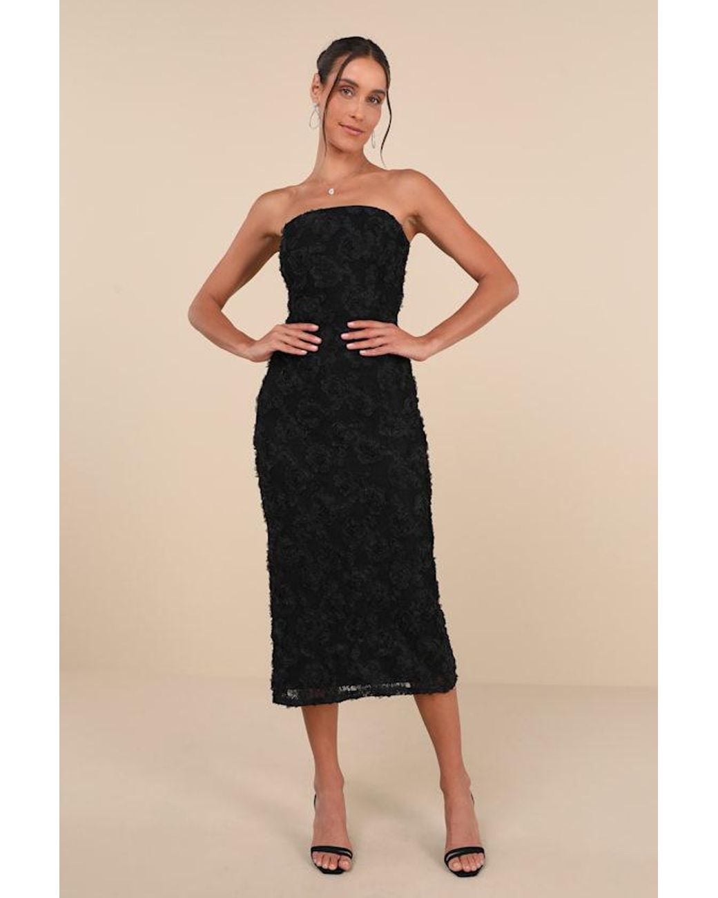 Lulus Black Flawless Perfection Floral Applique Strapless Midi Dress