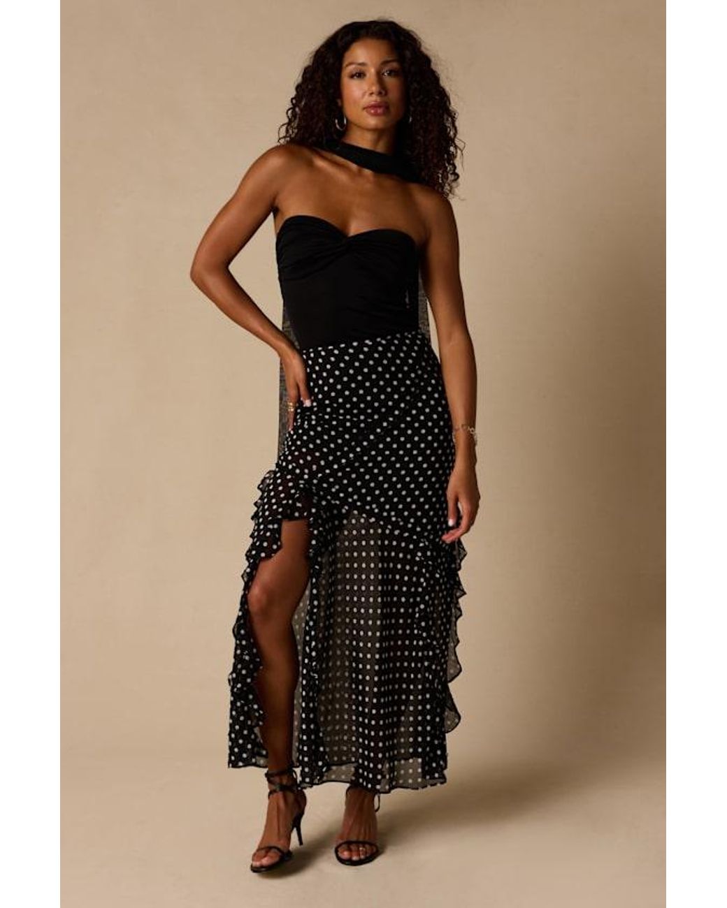 Lulus Black Alicia Polka Dot Ruffled Maxi Skirt