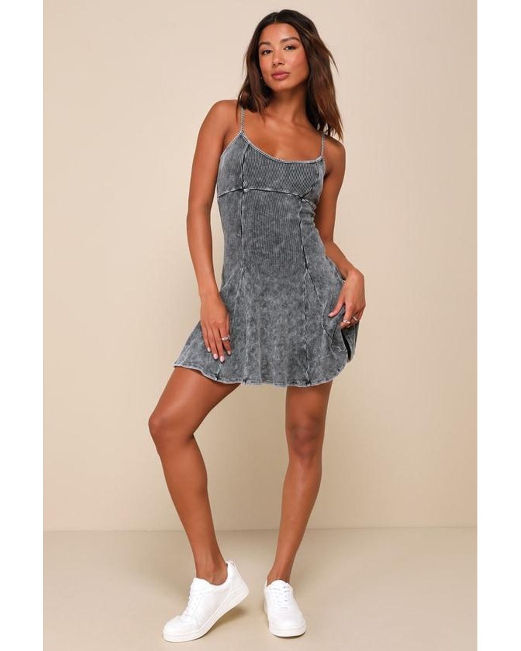 Lulus Blue Simply Pretty Washed Ribbed Pleated Sleeveless Mini Dress