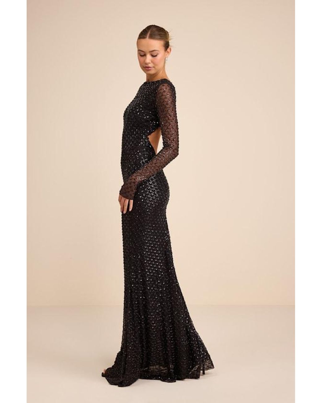 Lulus Jalira Mesh Sequin Backless Maxi Dress in Black | Lyst
