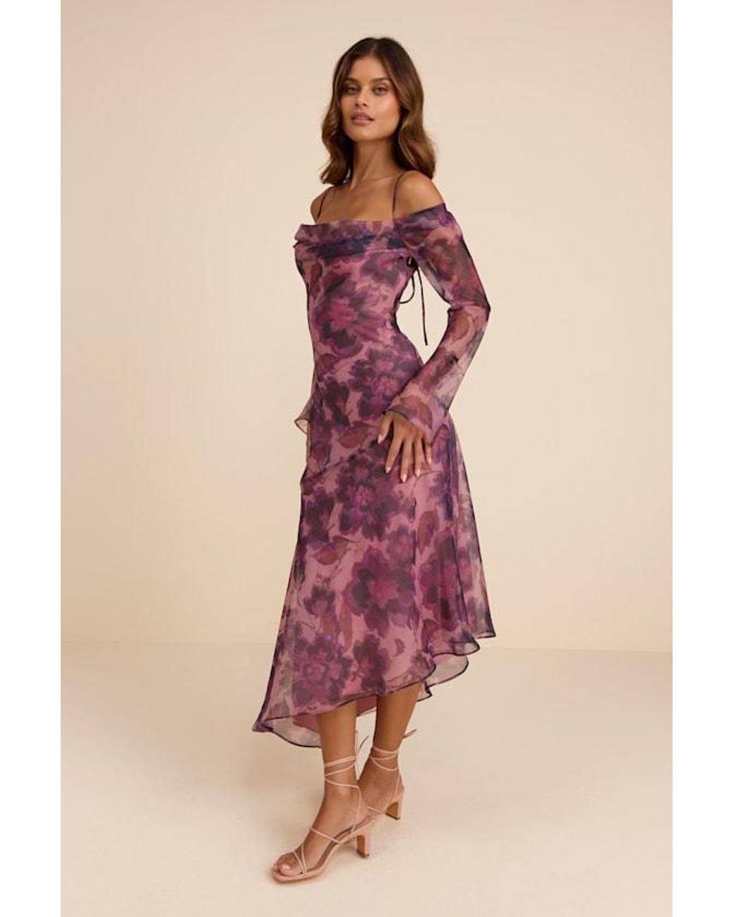 Lulus Pink Pia Floral Asymmetrical Midi Dress