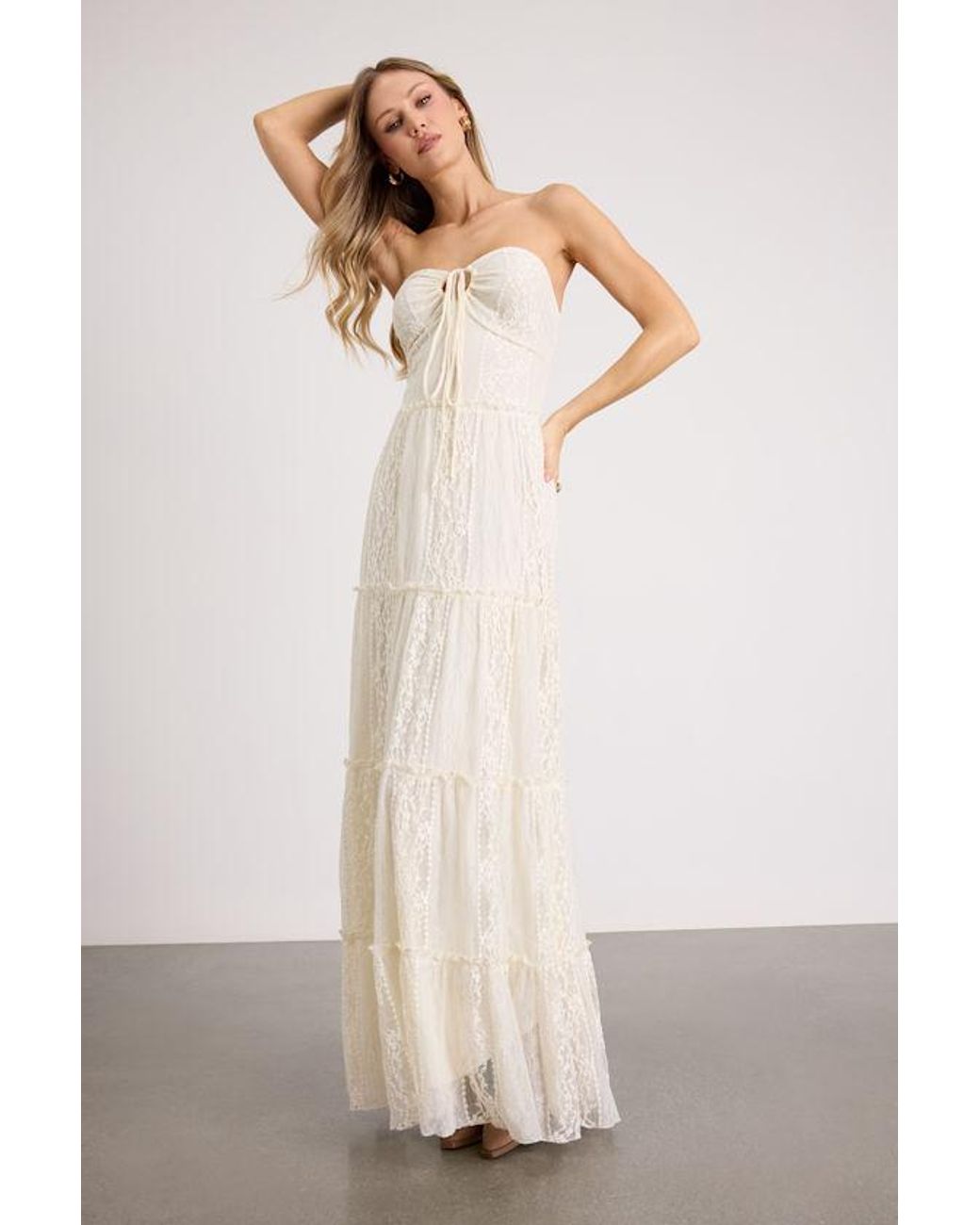 Lulus Natural Nora Lace Strapless Tiered Maxi Dress