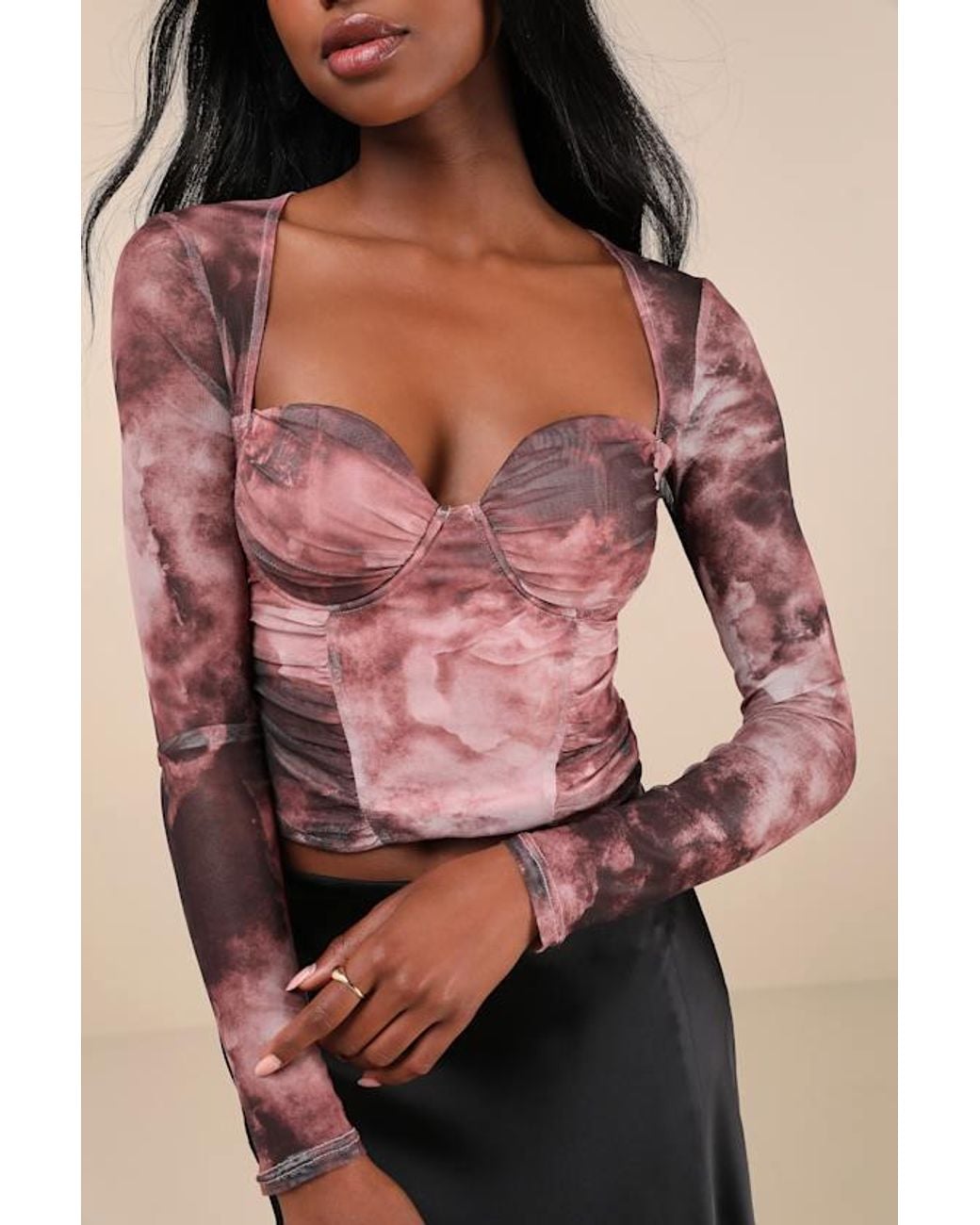 Lulus Purple Coy Cutie Abstract Print Mesh Bustier Long Sleeve Crop Top