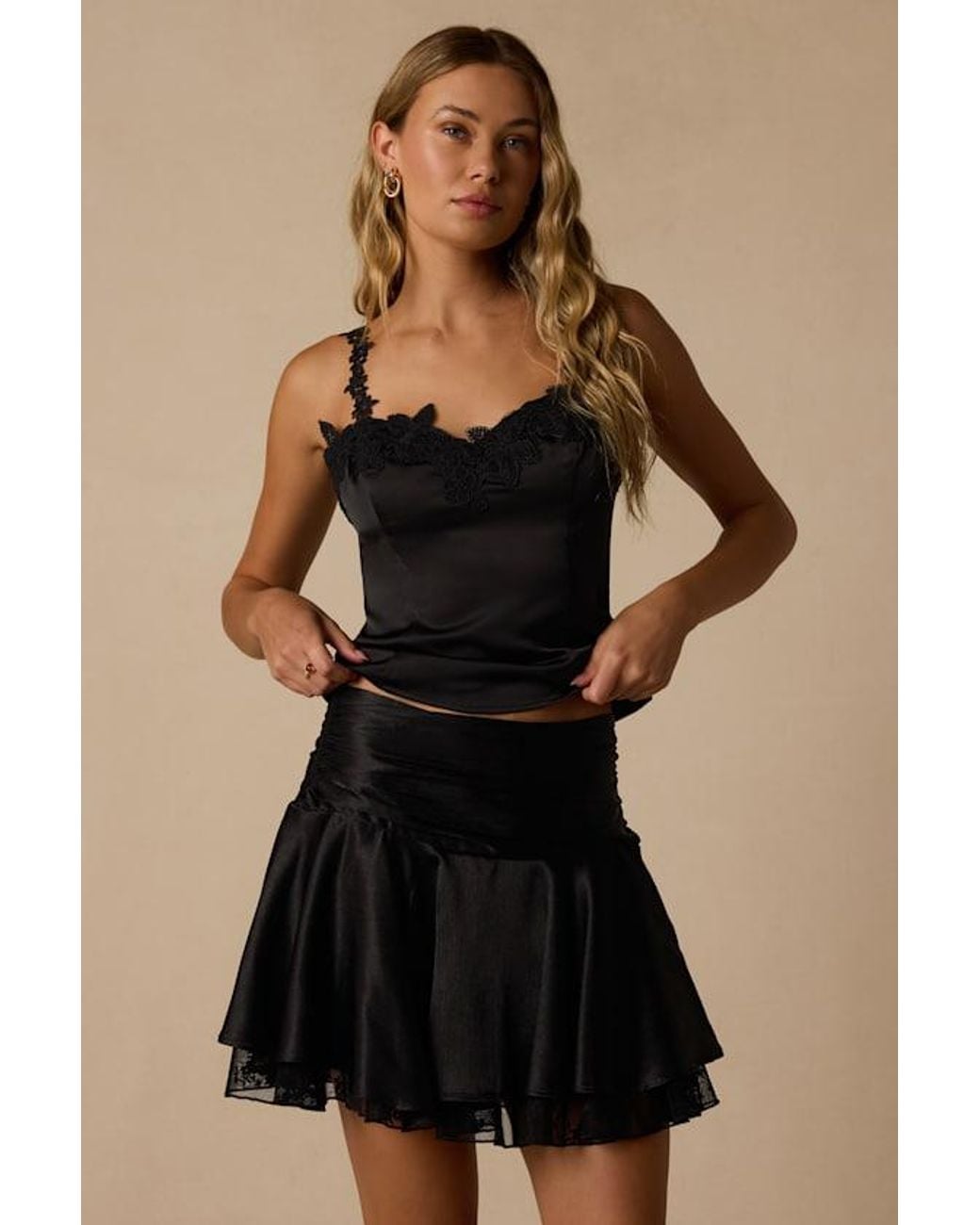 Lulus Black Britt Satin Lace Mini Skirt
