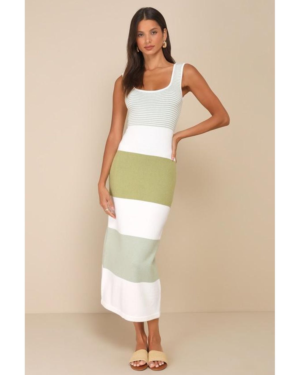 Lulus Natural Easily Gorgeous Ivory And Striped Midi Sweater Dress