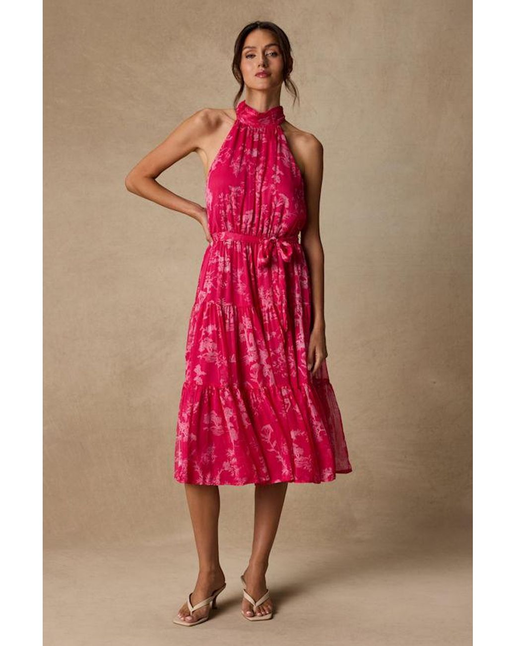 Lulus Pink Float To You Floral Print Halter-Neck Tiered Midi Dress