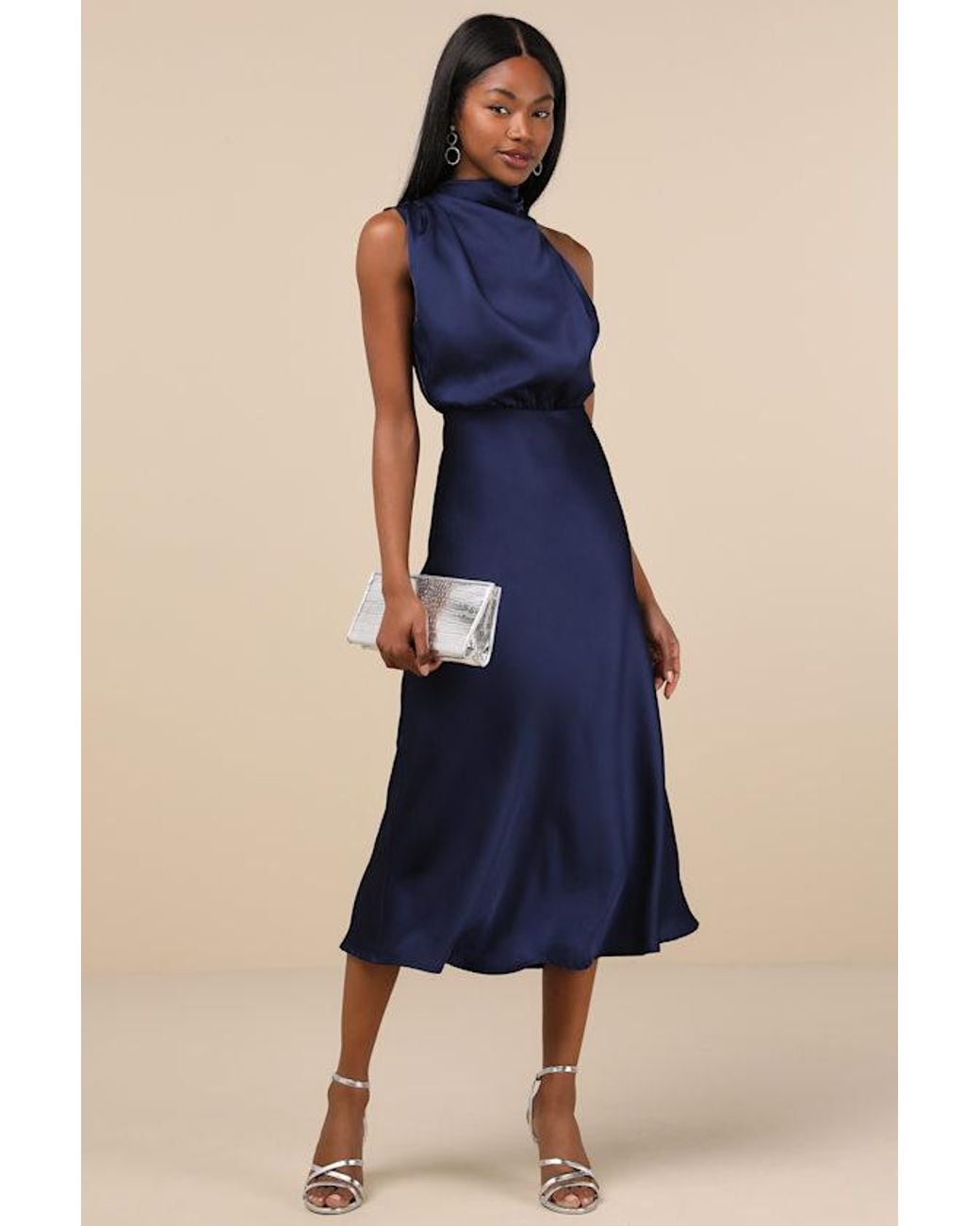 Lulus Blue Distinctive Charm Satin Asymmetrical Midi Dress