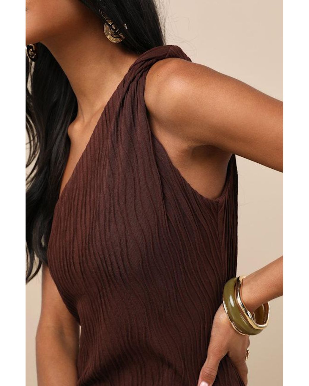 Lulus Natural Aristea Textured One-Shoulder Midi Dress