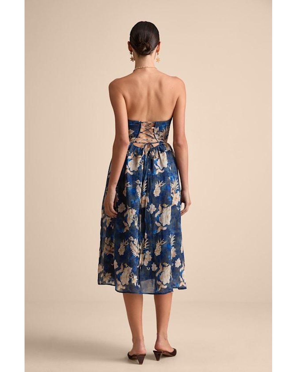 Lulus Blue Eulalia Floral Lace-Up Strapless Bustier Midi Dress
