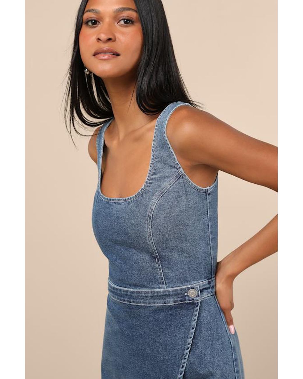 Lulus Blue Merima Medium Wash Denim Wrap Mini Dress