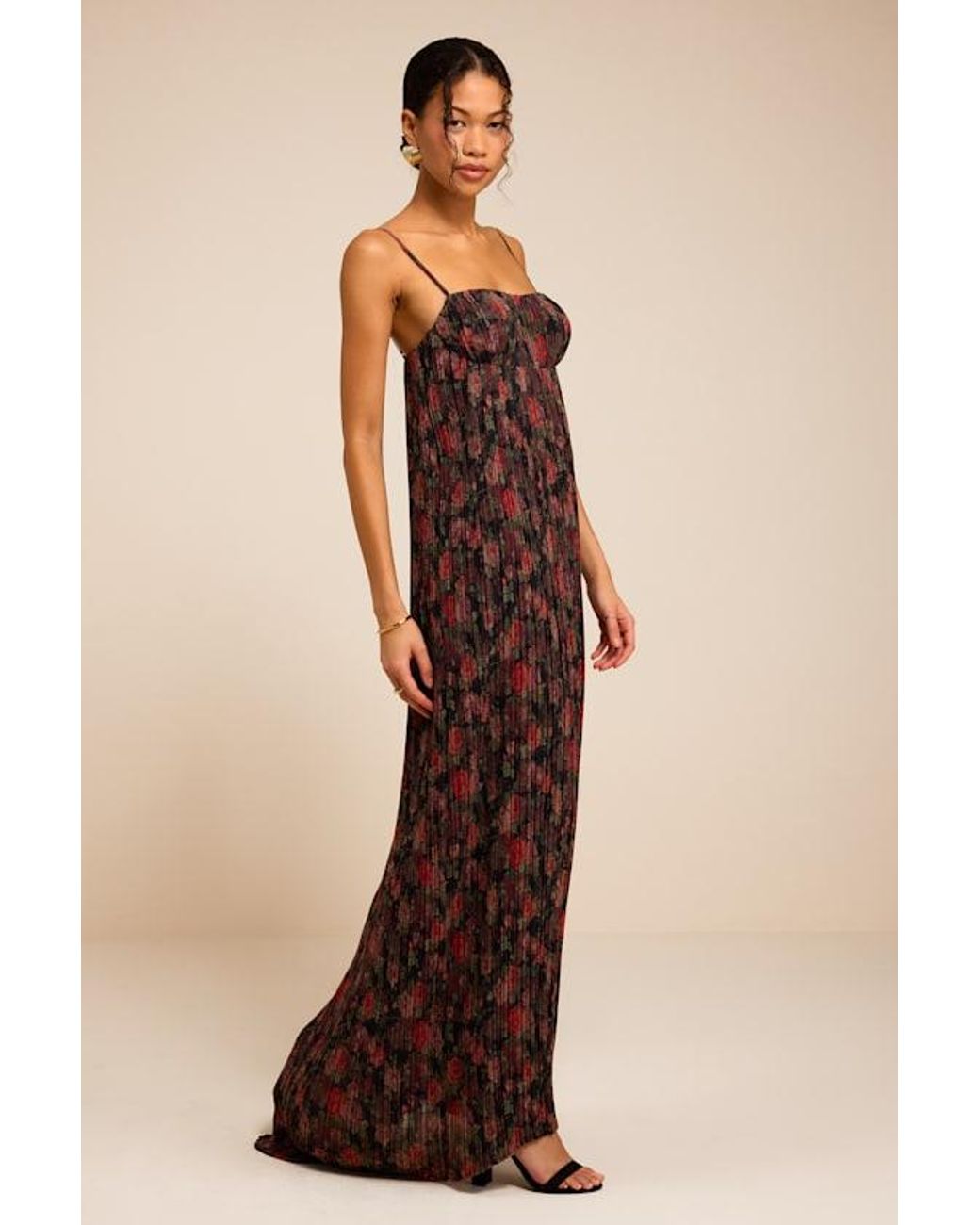 Lulus Natural Avi Floral Print Pleated Sleeveless Maxi Dress