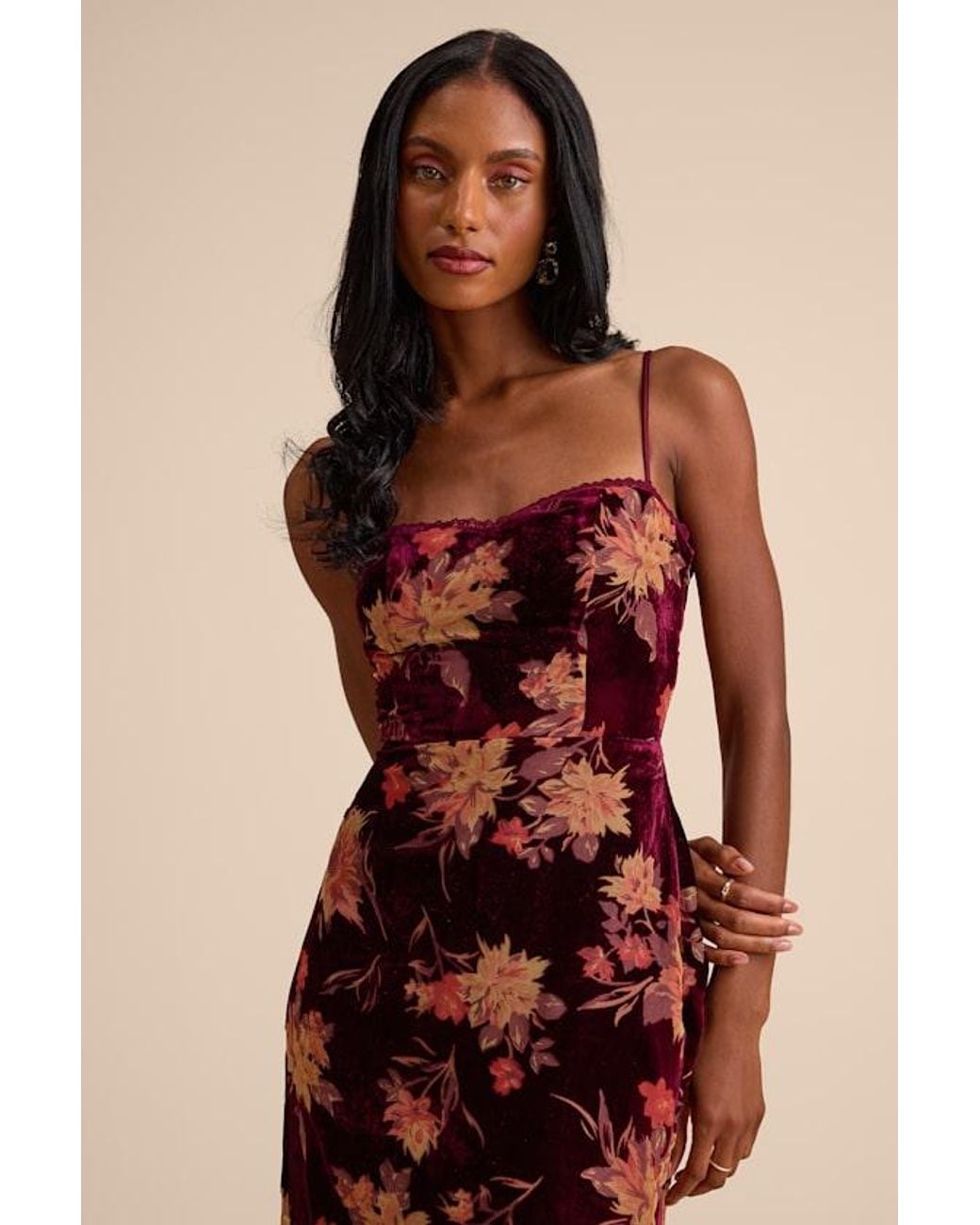 Lulus Natural Erisa Velvet Floral Burnout Midi Dress