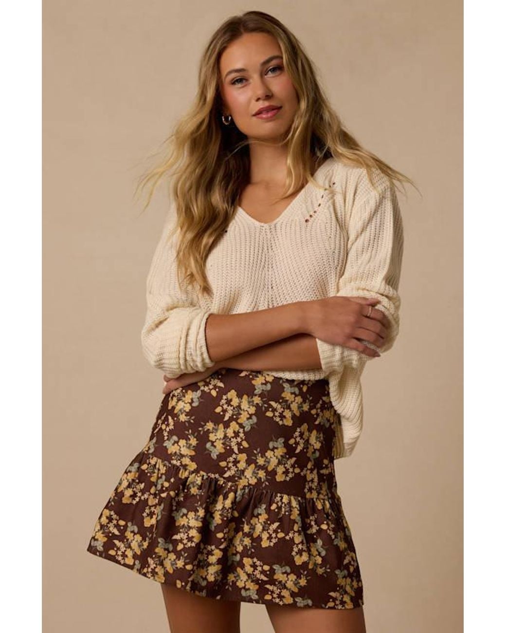 Lulus Brown Dawn Floral Corduroy Mini Skirt