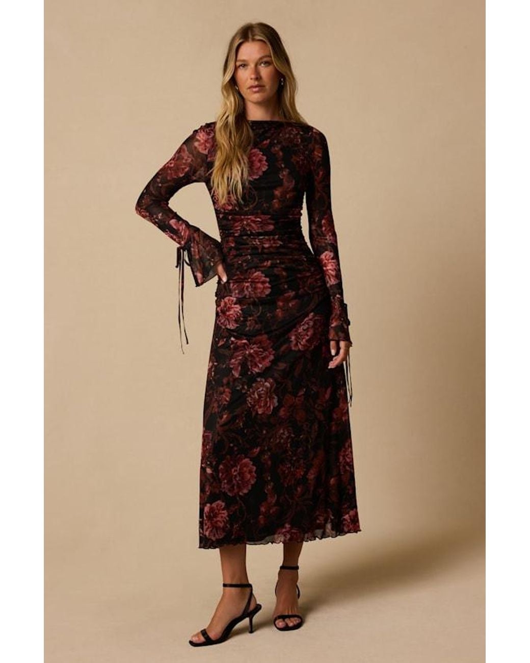 Lulus Natural Gabriela Floral Long Sleeve Midi Dress