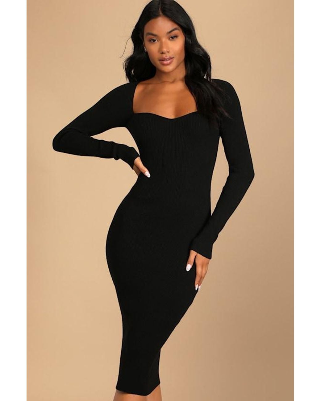 Lulus Black Fall Feelings Ribbed Bodycon Midi Dress