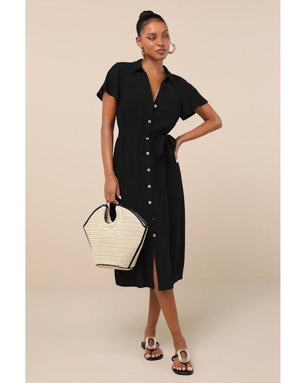 Lulus Black Italian Summer Linen Button-Up Short Sleeve Midi Dress
