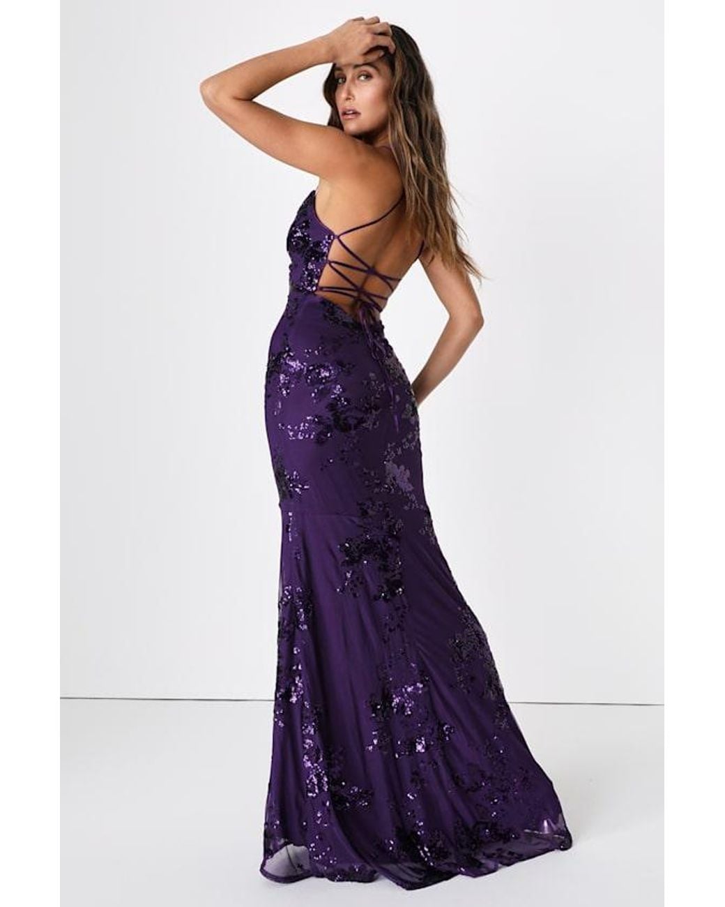 Lulus Valhalla Sequin Lace-Up Maxi Dress in Purple | Lyst