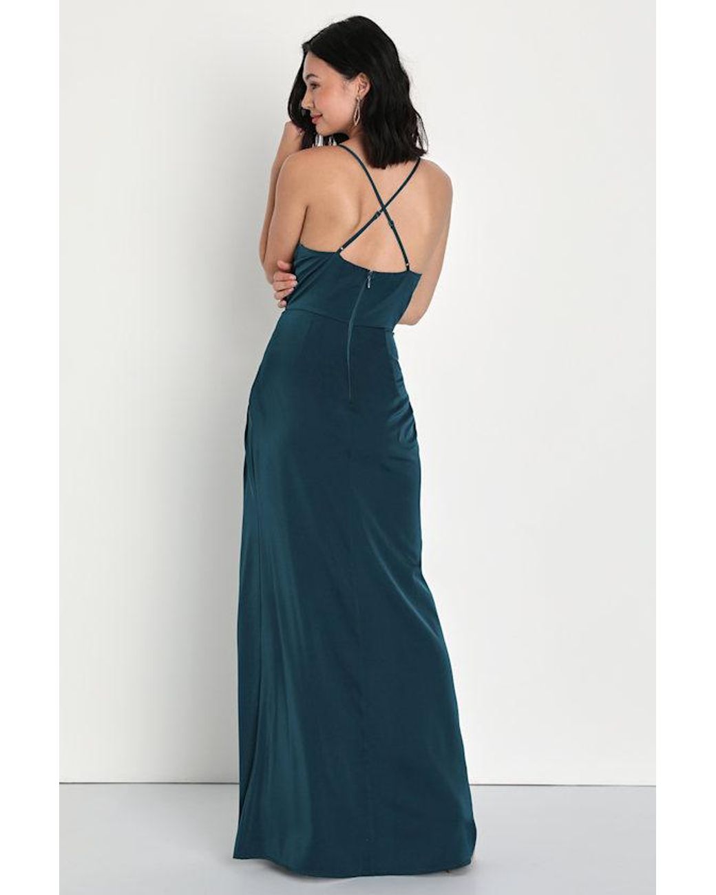 Lulus Moments Of Beauty Dark Satin Cowl Neck Tulip Maxi Dress in Blue |  Lyst UK