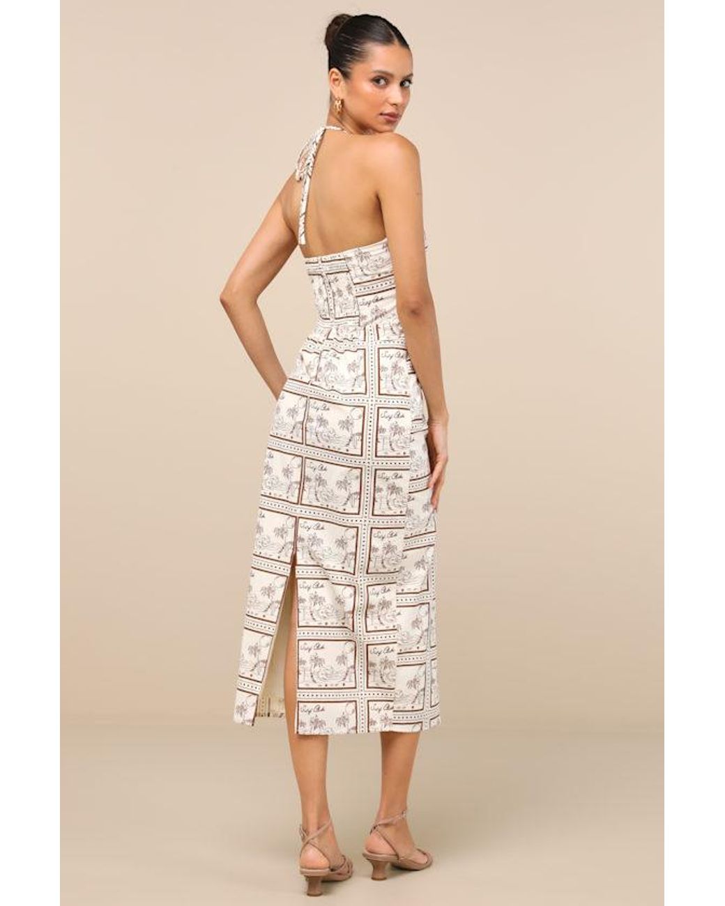 Stemp Lulus Lulus Asiya Stamp Print Halter Midi Dress in Natural | Lyst