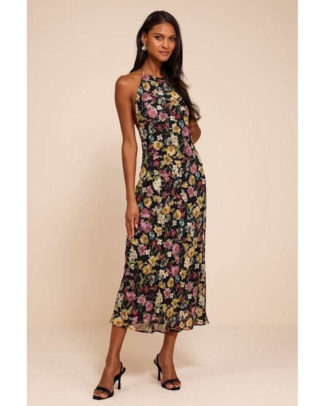Lulus Natural Mae Multi Floral Backless Midi Dress