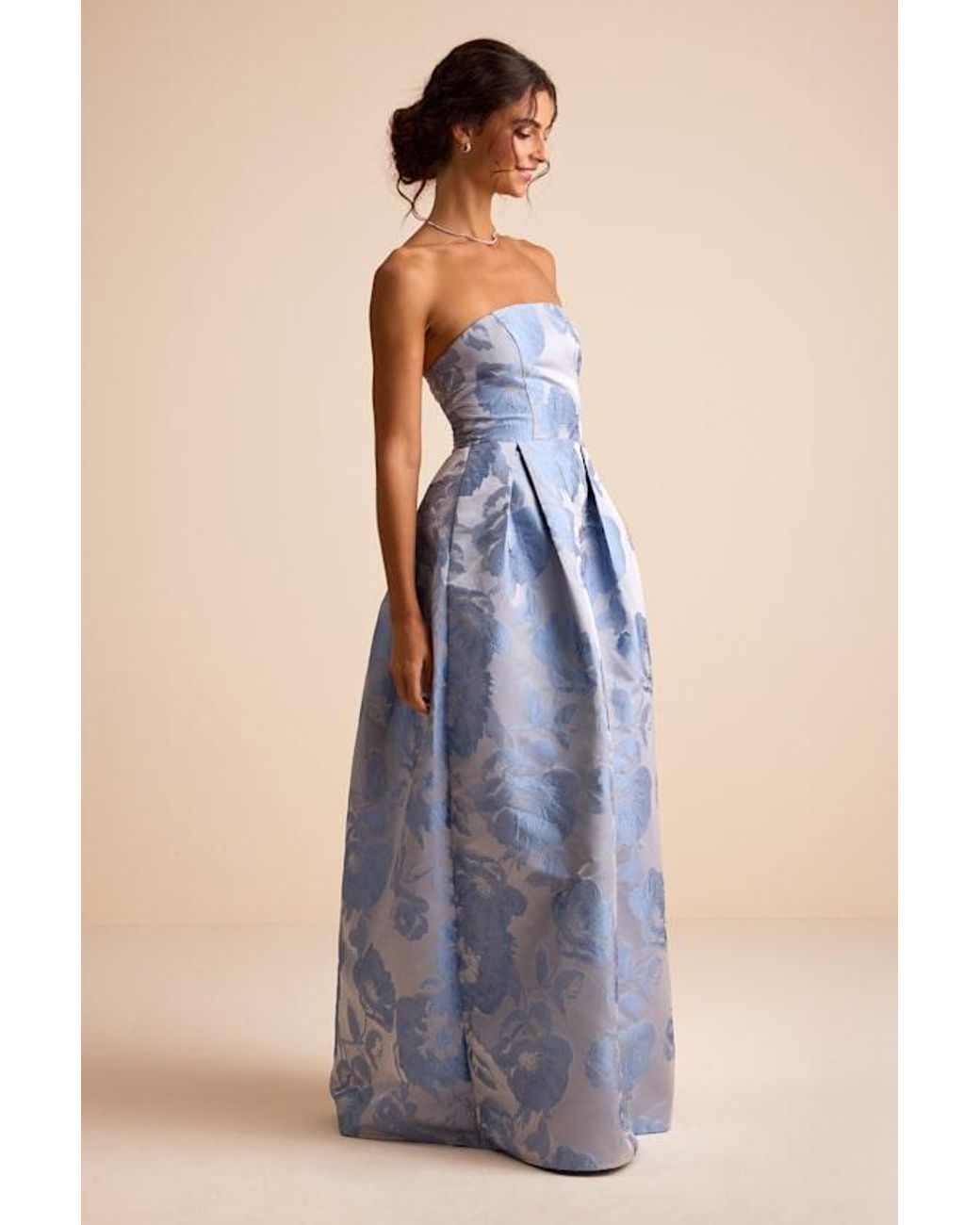 Lulus Blue Laurelin Floral Jacquard Pleated Strapless Maxi Dress