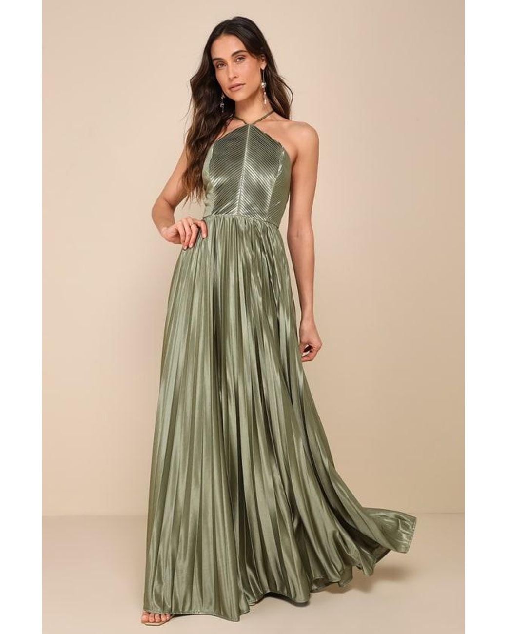 Lulus Green Elaborate Charm Satin Pleated Backless Maxi Dress