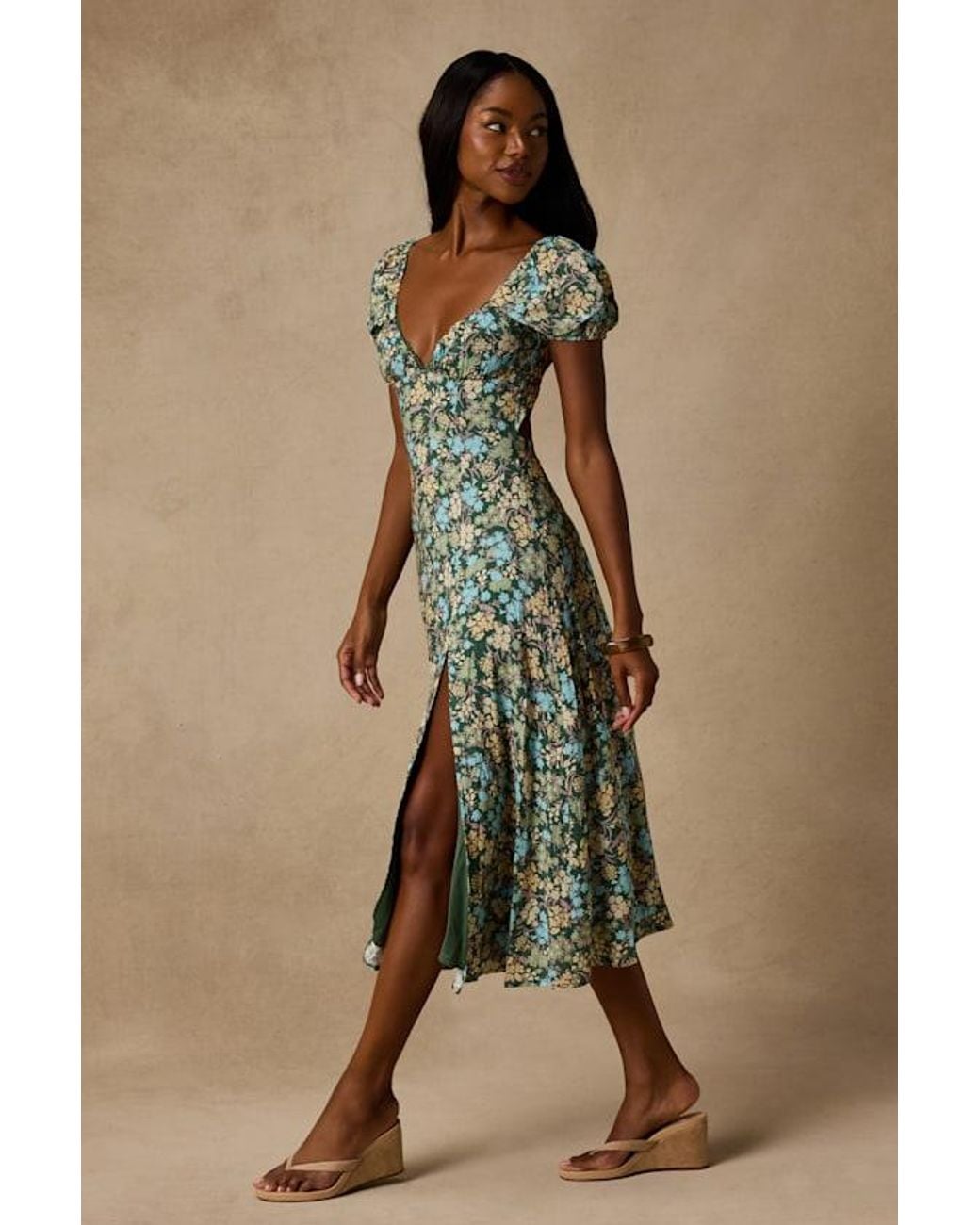 Lulus Green Meadow Muse Floral Tie-Back Puff Sleeve Midi Dress