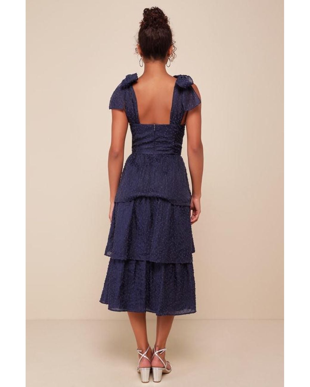 Lulus Blue Blissful Direction Tie-Strap Clip Dot Bustier Midi Dress