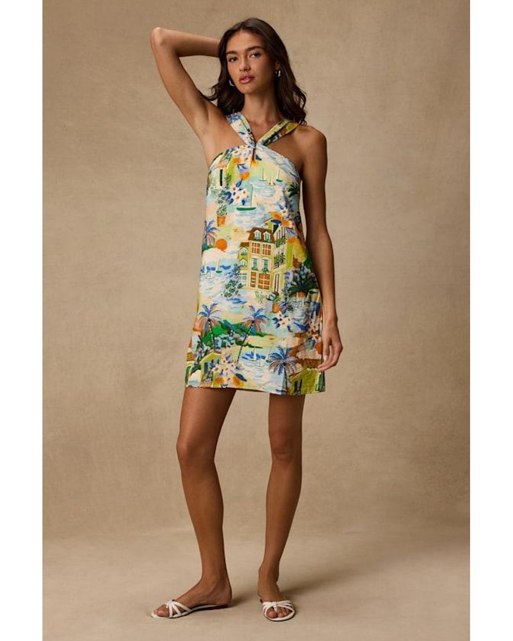 Lulus Blue Brya Multi Vacation Print Halter Mini Dress